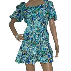 Zara Smocked Floral Blue and Green Women's Dress Small